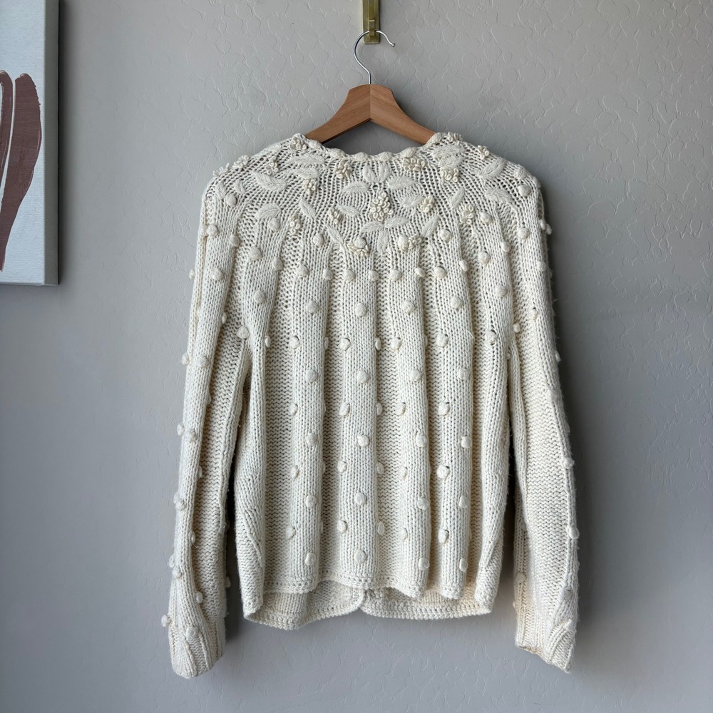 Hunter Bell Cardigan Ivory Wool Blend Bobble Knit Cardigan Sweater Size M - Picture 6 of 8